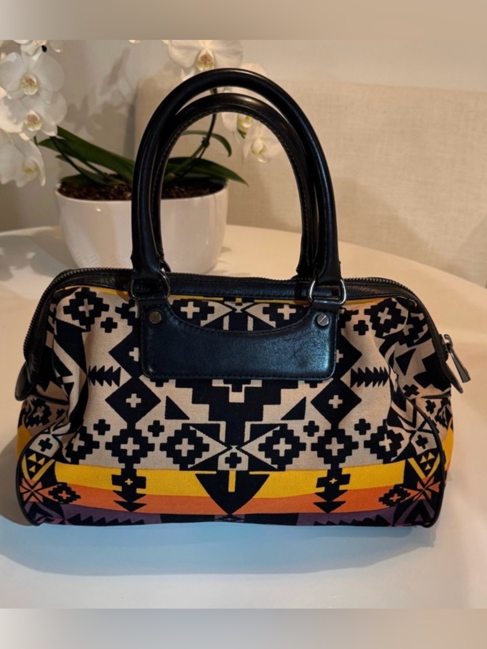 L.A.M.B. Multicolor Aztec Print Canvas & Leather Satchel w gunmetal hardware! - Picture 5 of 11